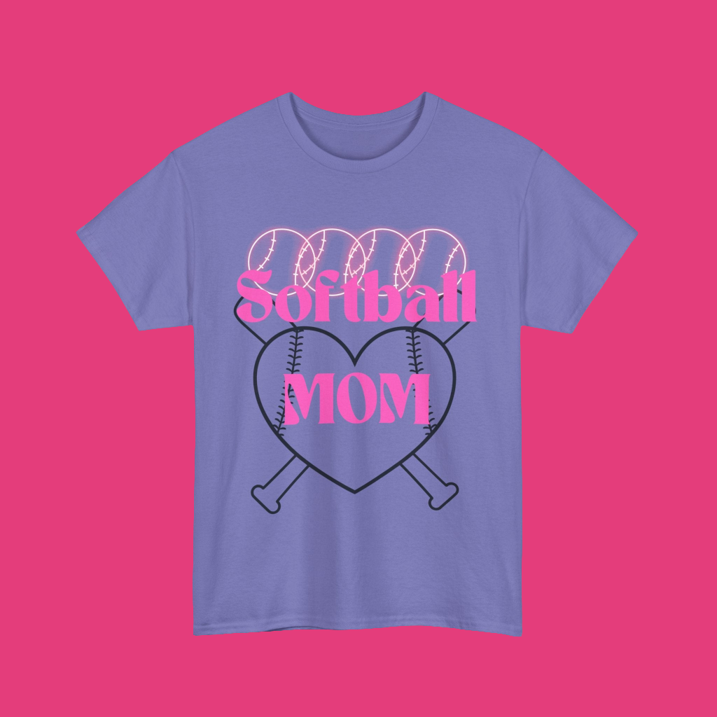 Softball Mom tshirt- four neon pink softballs across the top Softball MOM in the center in a bright pink retro font with two black outline baseball bats and a heart with thread lines In the background - violet