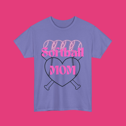 Softball Mom tshirt- four neon pink softballs across the top Softball MOM in the center in a bright pink retro font with two black outline baseball bats and a heart with thread lines In the background - violet