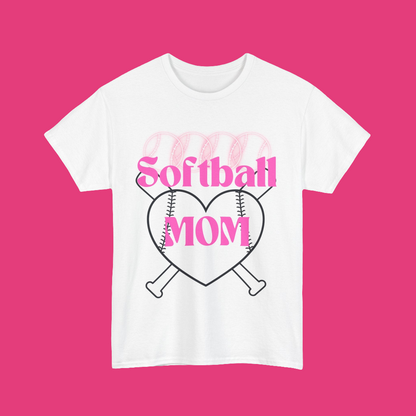 Softball Mom tshirt- four neon pink softballs across the top Softball MOM in the center in a bright pink retro font with two black outline baseball bats and a heart with thread lines In the background - white