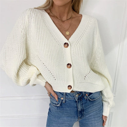 V-neck button cardigan  Deep V with large brown buttons and lantern sleeves. the perfect staple piece for every wardrobe. - white