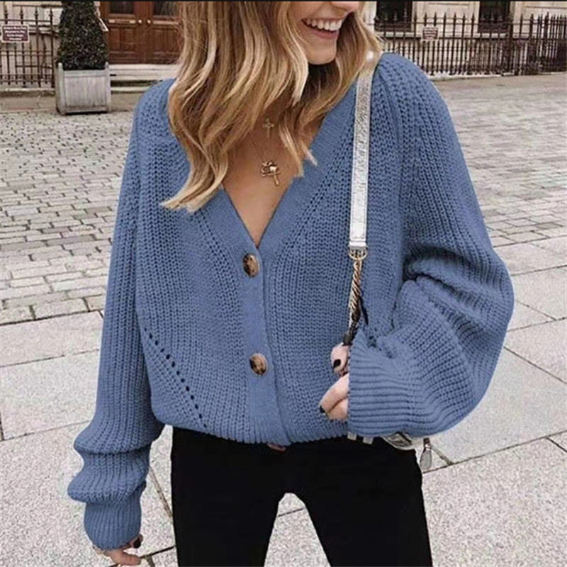 V-neck button knit cardigan  Deep V with large brown buttons and lantern sleeves. the perfect staple piece for every wardrobe. - blue