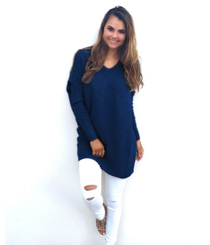 absolute style and comfort is what the vneck oversized womens sweater is giving The oversized look gives a casual style while the vneck provides a level of elegance. - navy