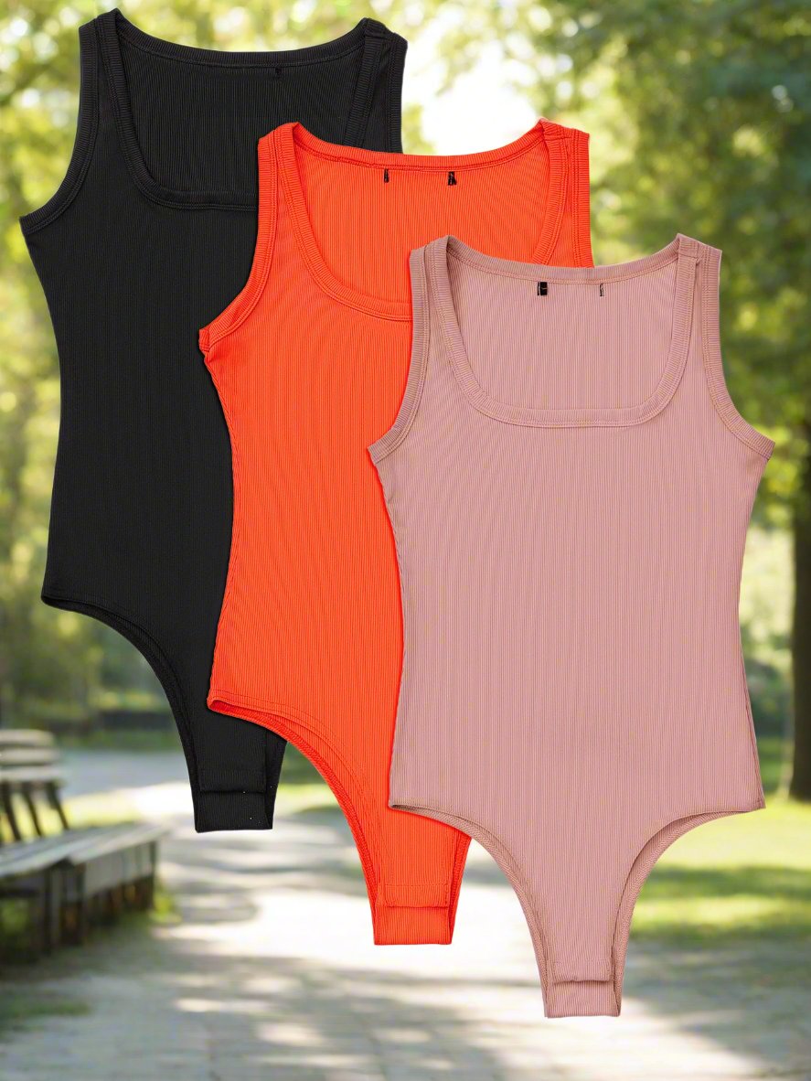 Women's Essential Slimming Bodysuit Tank - Pack of 3 - Squareneck - Black, Orange, Pink