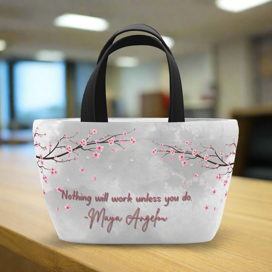 Womens Lunch Bag for Work - Grey and white cloudy looking lunch bag with pink cherry blossom branches and a famous quote from Maya Angelou - Nothing will work unless you do. Perfect for the working woman or mom to pack her daily lunch in beautiful elegance.