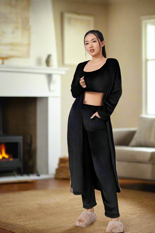 Womens Luxury lounge set - 3 Piece - long lounge pants with a cropped top and long cardigan. All black matching set.