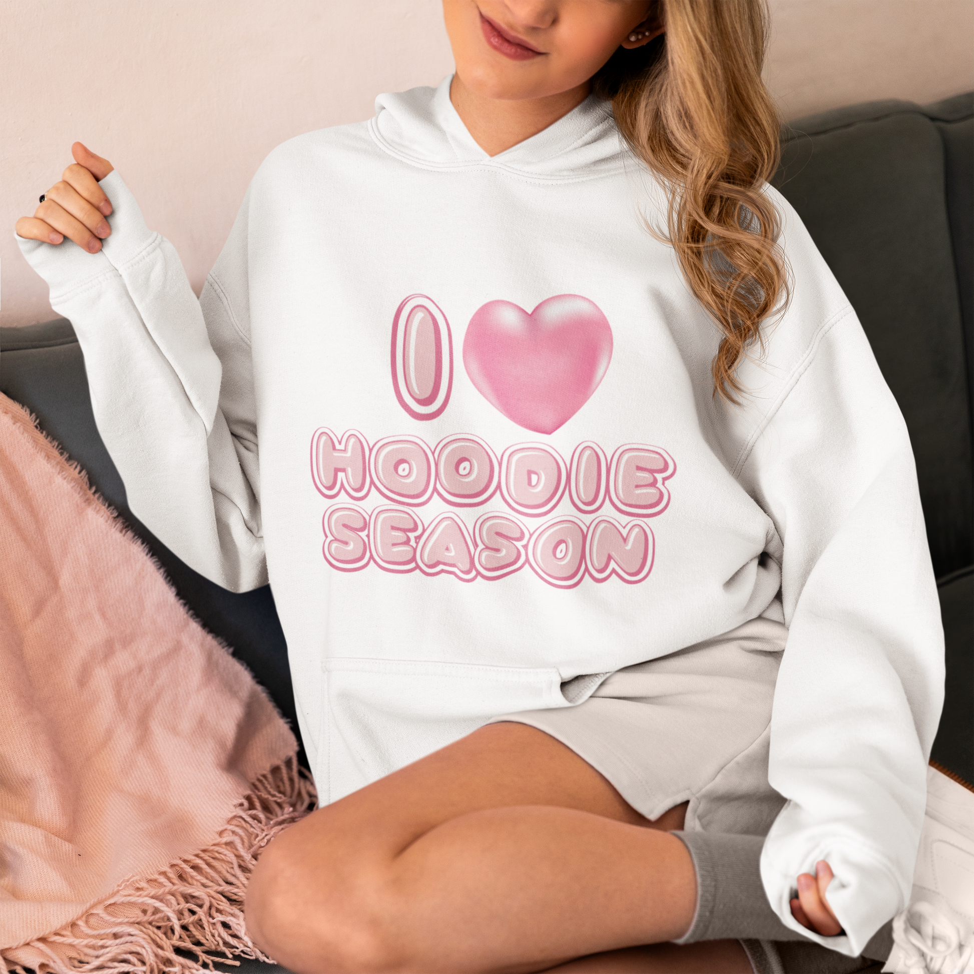 Womens Pink Bubble Hoodie - Pink bubble shaped font with a bubblegum pink heart bubble. Cute and playful addition to your closet for the fall and winter seasons - white