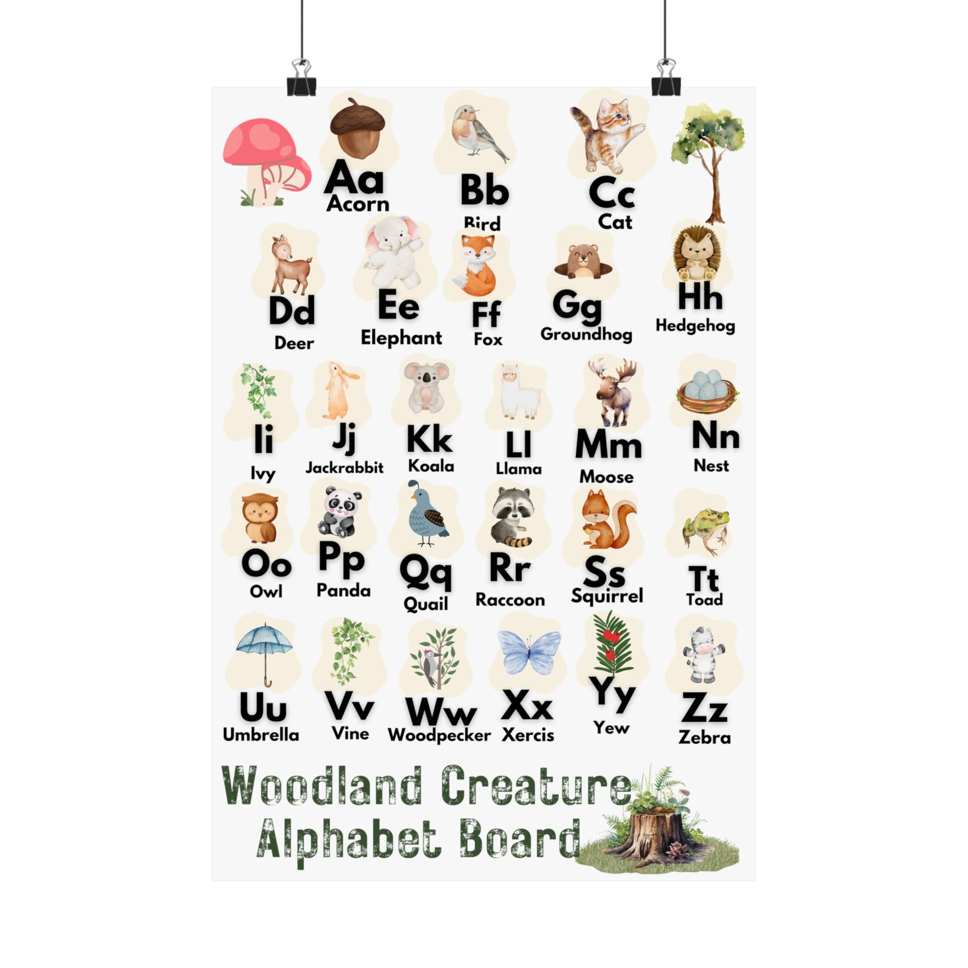 Woodland Creature Alphabet Poster - adorable watercolor woodland creatures representing each letter of the Alphabet. Ideal for back to school, classrooms, toddler bedrooms, and nurseries