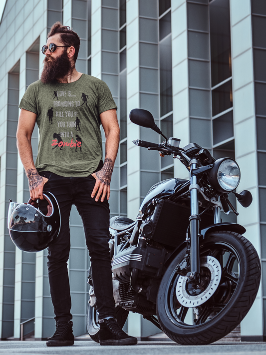 Zombie Killing Tshirt- love is killing you if you turn into a Zombie! Zombie is printed in spooky red font. Zombies in different poses are scattered in the background  - military green