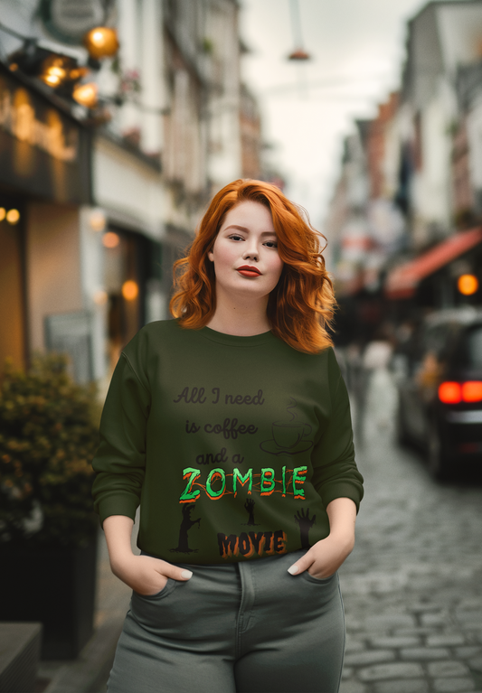 Coffee and zombie movies crewneck sweatshirt - Black font - Zombie printed in slimy green font outlined in red with zombie hands reaching out of the ground. - military green